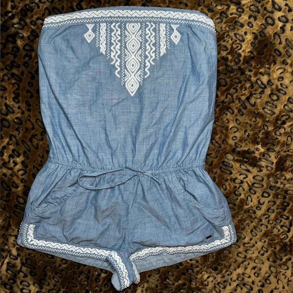 Blue Strapless Top with White Embroidery - Picture 1 of 5